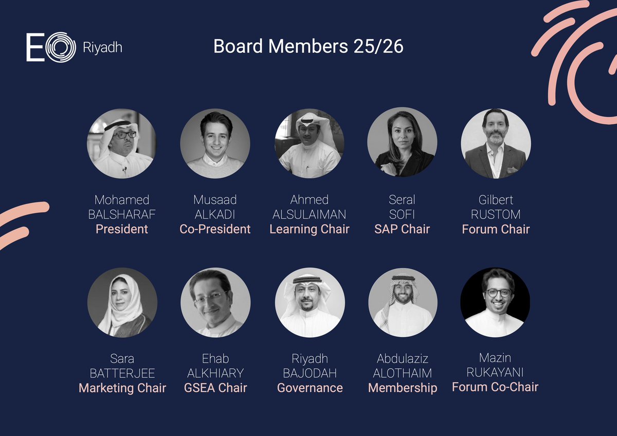 يسرّنا في EO الرياض الإعلان عن المجلس القيادي المقبل لسنة 25/26 بنخبة من الأعضاء القادة الذين سيقودون فرع الرياض لمستويات أعلى في كافة الجوانب بدءاً من 1 يوليو 2025

We’re thrilled to announce our incoming board — a dynamic group of leaders ready to elevate our chapter to new
