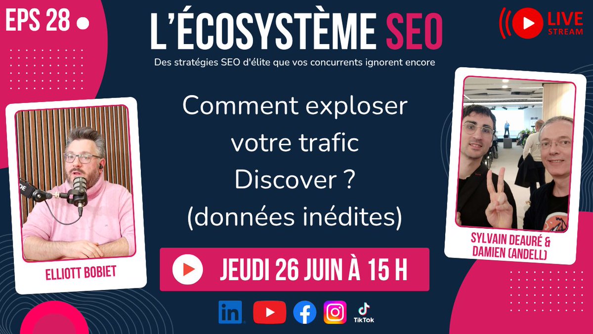 Ce jeudi 15 H, je suis en Live avec <a href="/SylvainDeaure/">Sylvain Deauré</a> &amp; <a href="/AndellDam/">Damien (andell)</a> de <a href="/1492_Vision/">1492.Vision Service</a> pour parler de Discover et d'entités ... 

linkedin.com/events/7343318…

#SEO #Discover