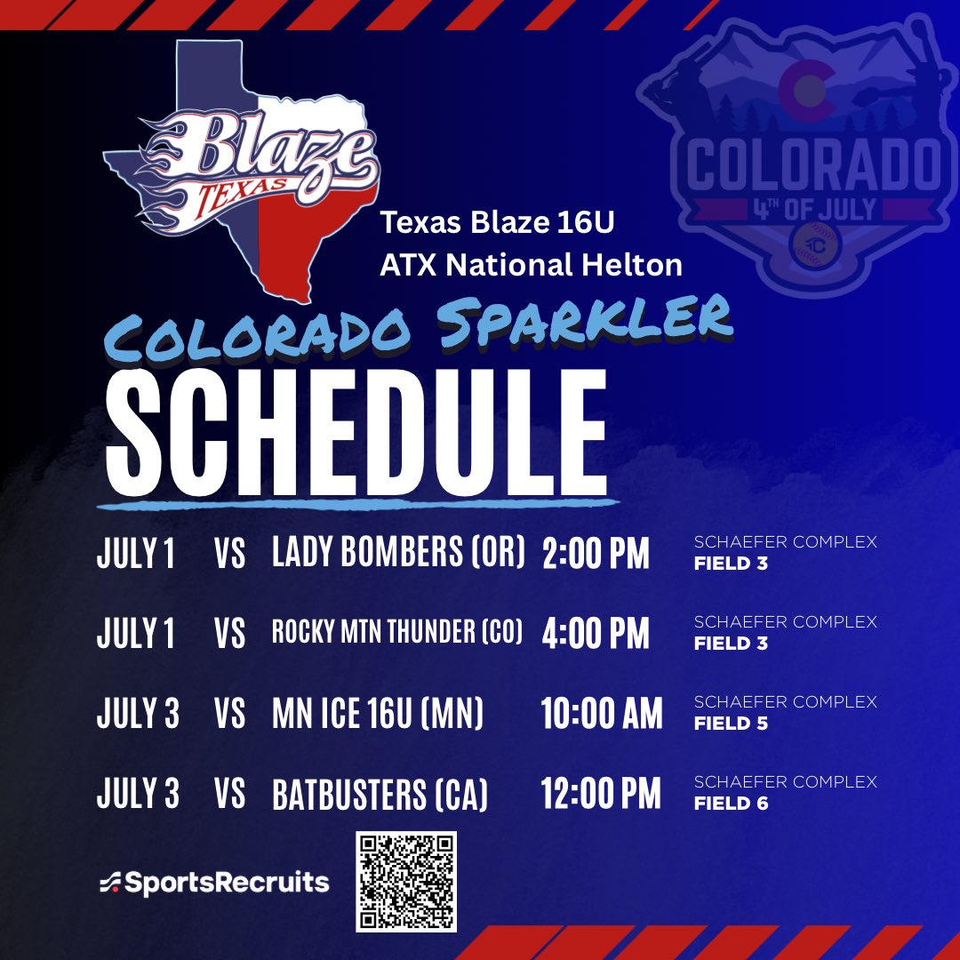TX Blaze ATX National Helton (@txblazeatxnat) on Twitter photo Colorado, here we come! Oregon, Colorado, Minnesota and California teams are on our schedule for starters. Our pool games will be at the Schaefer Complex Tuesday, July 1 and Thursday, July 3. Bracket games begin Friday. #BeBlaze #BlazeOn #brecruited #blazefastpitchsoftball Colorado, here we come! Oregon, Colorado, Minnesota and California teams are on our schedule for starters. Our pool games will be at the Schaefer Complex Tuesday, July 1 and Thursday, July 3. Bracket games begin Friday. #BeBlaze #BlazeOn #brecruited #blazefastpitchsoftball