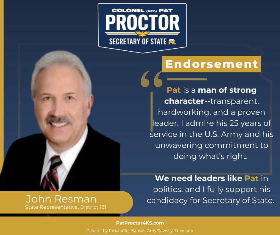 RealPatProctor's tweet image. Honored to have the endorsement of Representative Resman. I’m truly grateful for your support.
#kansas #ks #ksleg #ksgop #endorsement