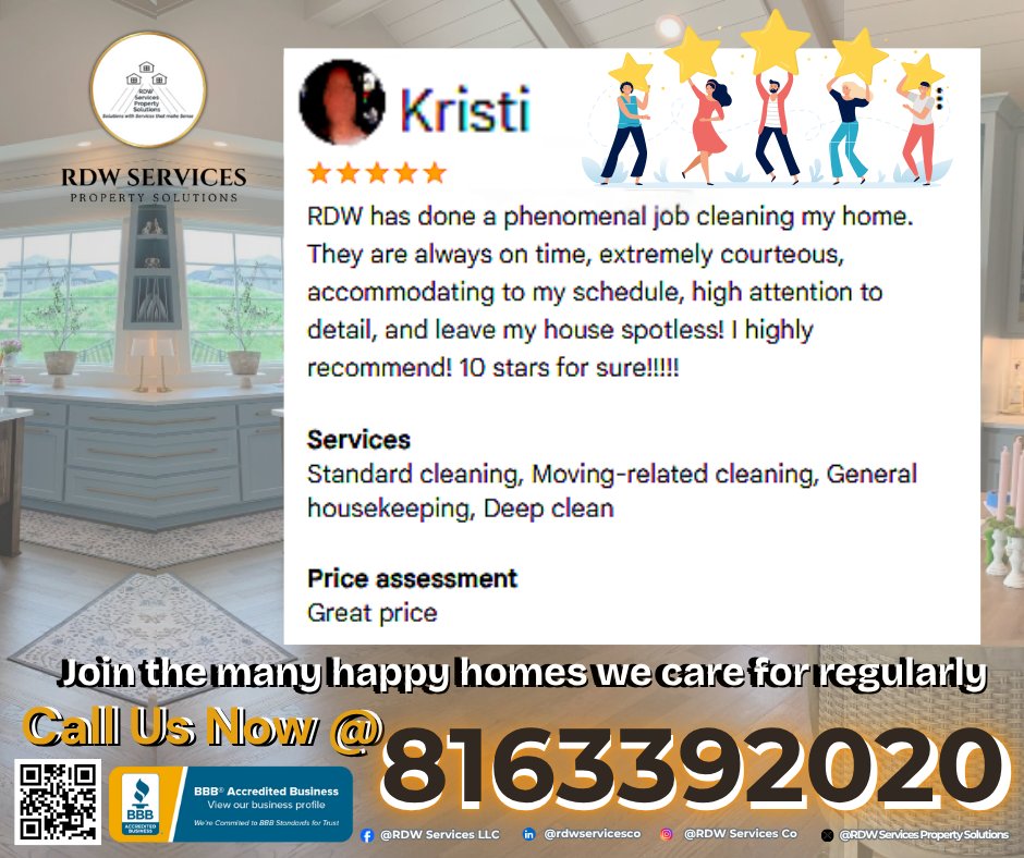 rdwservicesco's tweet photo. 🌟 Another Happy (and Loyal!) Customer 🌟 Let us treat your home like our own: stress-free, detailed, and just the way you like it! 📞 816-339-2020 🌐 https://t.co/tM8F5LMYFp #ClientLove #LoyalClient #RDWCleaning #TestimonialTuesday #RecurringService #LeesSummit #KCMetro https://t.co/mNVNfWFm9x