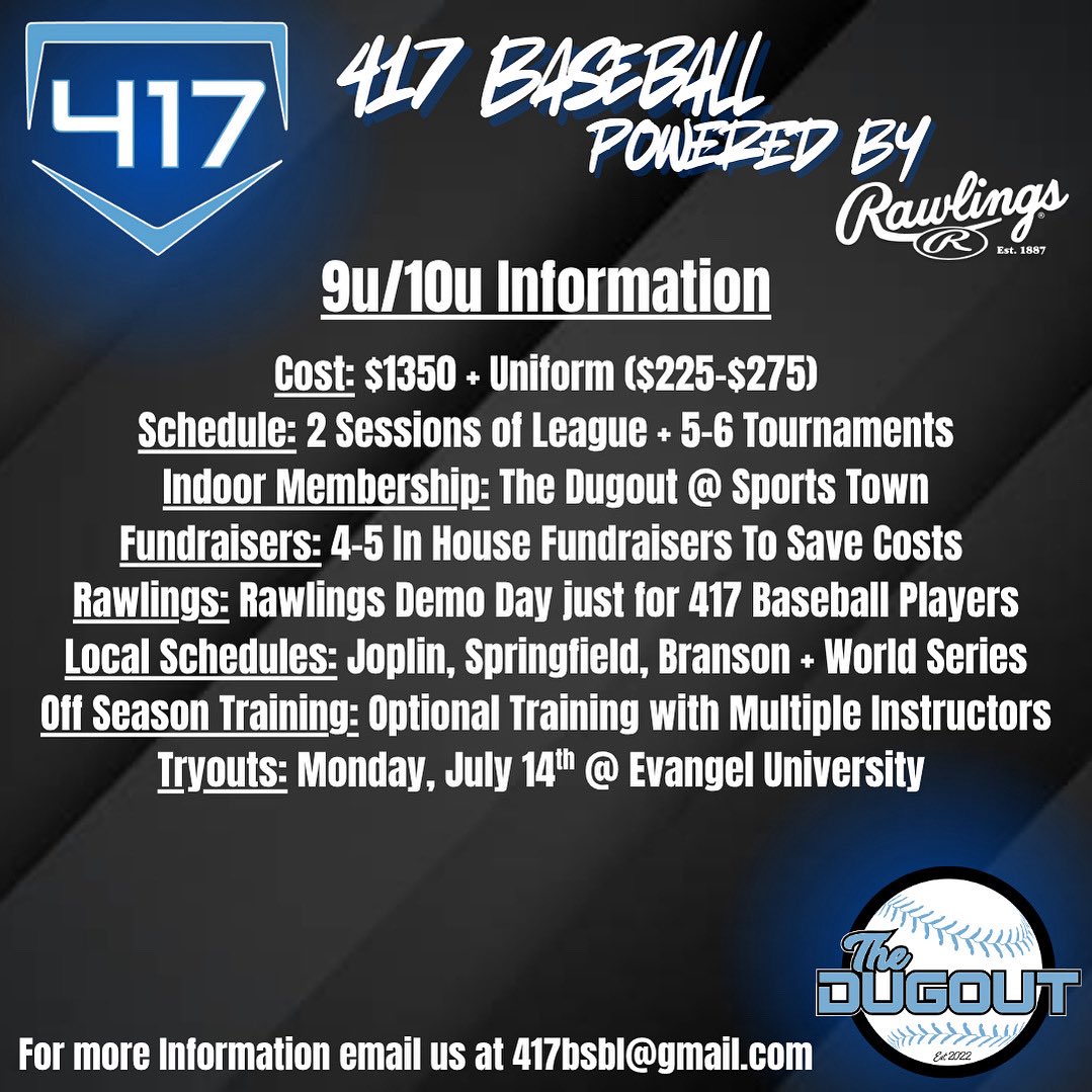 417 Baseball “Powered by Rawlings” (@417bsbl) on Twitter photo 417 Baseball - 9u/10u Information/Tryouts
For more information shoot us a message at 417bsbl@gmail.com
Registration Link: 417youthsports.leagueapps.com/events/4630184…
#Family 417 Baseball - 9u/10u Information/Tryouts
For more information shoot us a message at 417bsbl@gmail.com
Registration Link: 417youthsports.leagueapps.com/events/4630184…
#Family