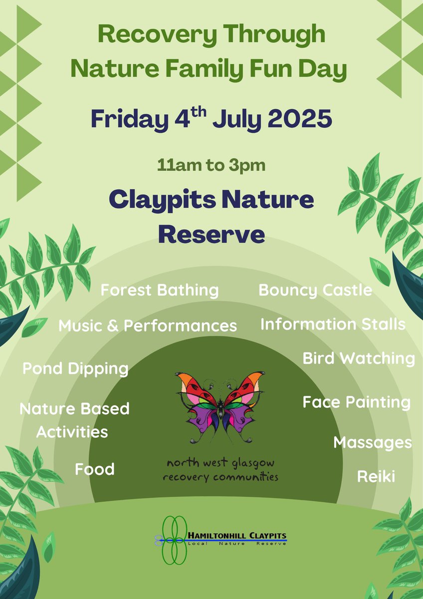 Recovery through nature 🍃
Family Fun Day 😀
🗓️Friday 4th July 
🕚11am to 3pm

#Nature #Community #OutAndAboutOnTheClaypits