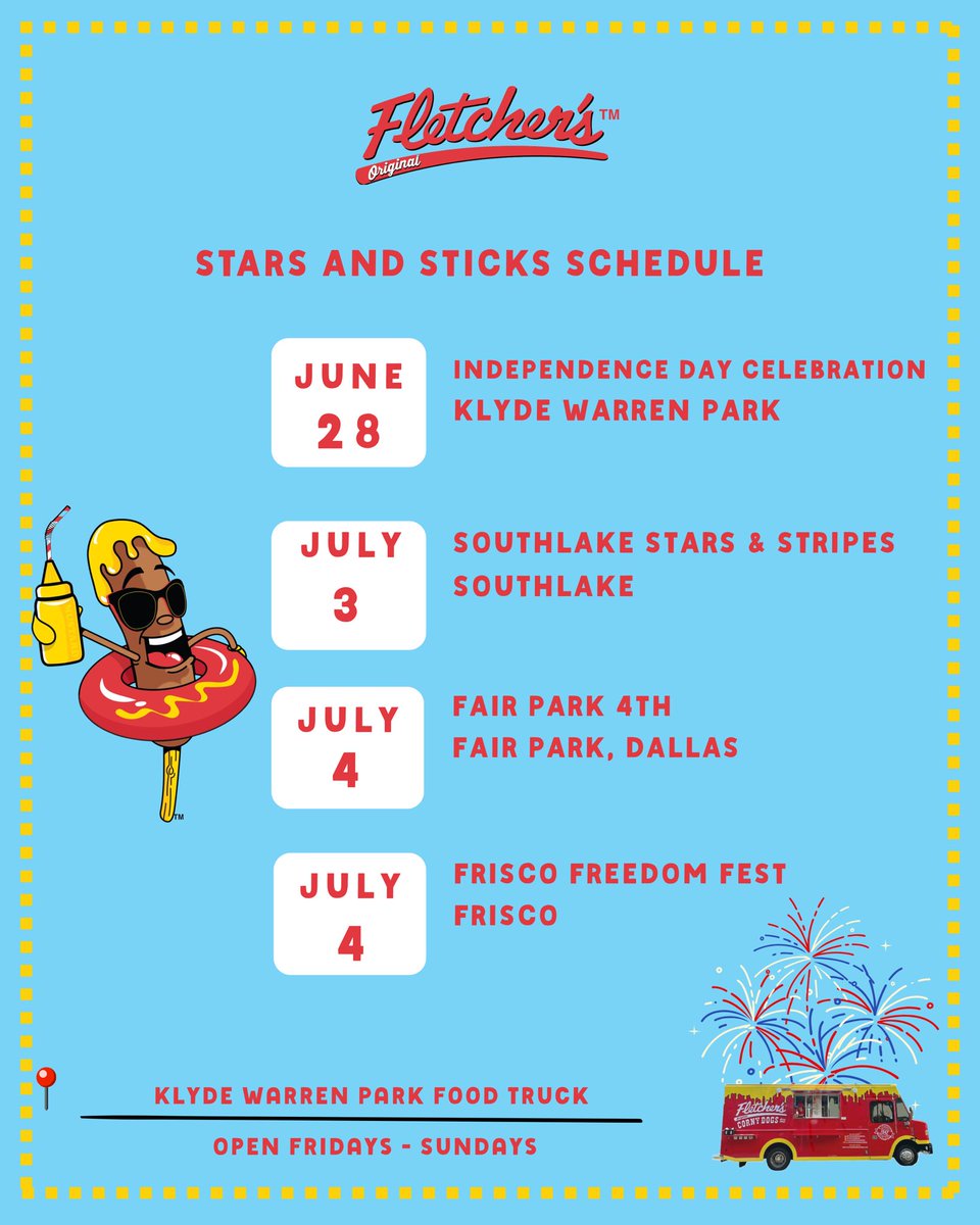 We’re serving up stars, stripes, and corny dogs! 🌭  Find your Fletcher's Fix at these Independence Day festivities coming up. 🇺🇸🎆
