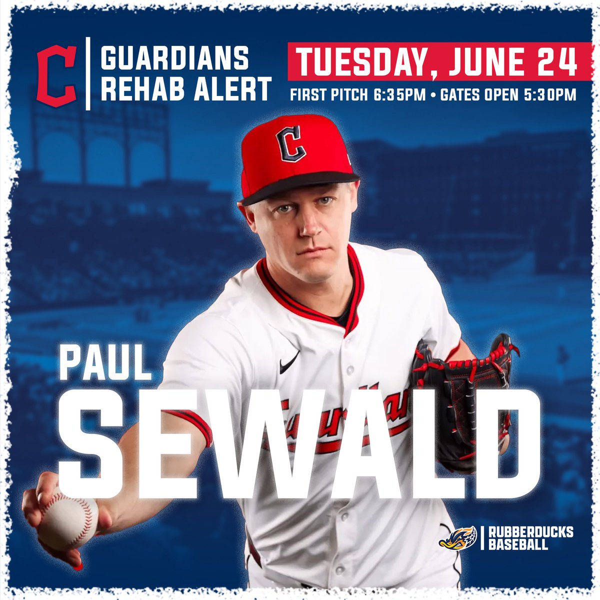 AkronRubberDuck's tweet image. 🚨 Rehab Alert 🚨

@CleGuardians Trevor Stephan and Paul Sewald will continue their rehab assignments here in Akron this week starting tonight (Tuesday, June 24) at 6:35 PM!

🎟️: atmilb.com/3HMUcFz
ℹ️: bit.ly/3T9M6MR
