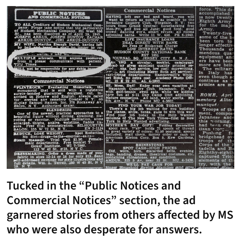 TexasNeurology's tweet image. In 1945, Sylvia Lawry placed an ad seeking hope for her brother with MS. That ad sparked a movement and led to the founding of the @mssociety.
80 years later, her legacy still drives progress. Read Sylvia’s powerful story: bit.ly/3TiFdIX