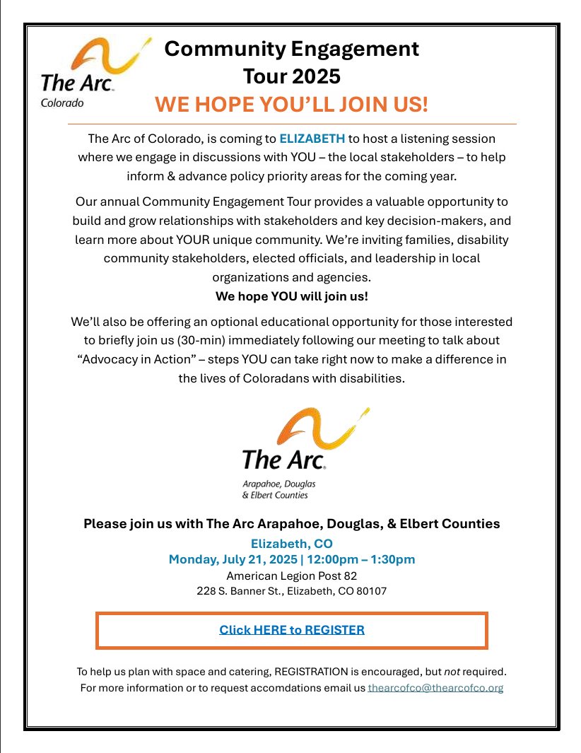 The Arc of Colorado (@thearcofco) on Twitter photo COMMUNITY ENGAGEMENT TOUR 2025 in ELIZABETH with The Arc Arapahoe, Douglas & Elbert Counties!
July 21 @ 12:00pm
American Legion Post 82
228 S. Banner St., Elizabeth, CO 80107
Register HERE: eventbrite.com/e/139698583523…
For more information, email us thearcofco@thearcofco.org COMMUNITY ENGAGEMENT TOUR 2025 in ELIZABETH with The Arc Arapahoe, Douglas & Elbert Counties!
July 21 @ 12:00pm
American Legion Post 82
228 S. Banner St., Elizabeth, CO 80107
Register HERE: eventbrite.com/e/139698583523…
For more information, email us thearcofco@thearcofco.org