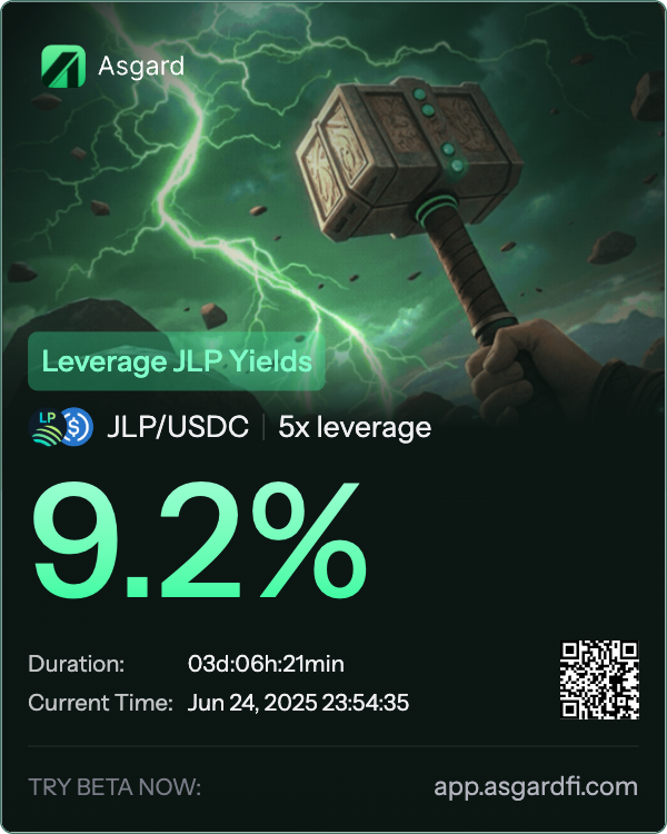 0xSahil95's tweet image. Currently up 9.2% on my JLP position via @asgardfi! 🚀
Yield trading in GOD mode hits different (🔥_🔥)