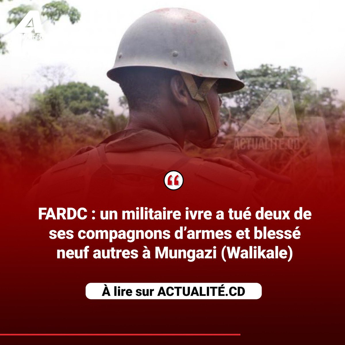 FARDC: un militaire ivre a tué deux de ses compagnons d'armes et blessé neuf autres à Mungazi (Walikale)

Suivez actualité.CD directement sur Whatsapp sur 👉🏾 whatsapp.com/channel/0029Va…