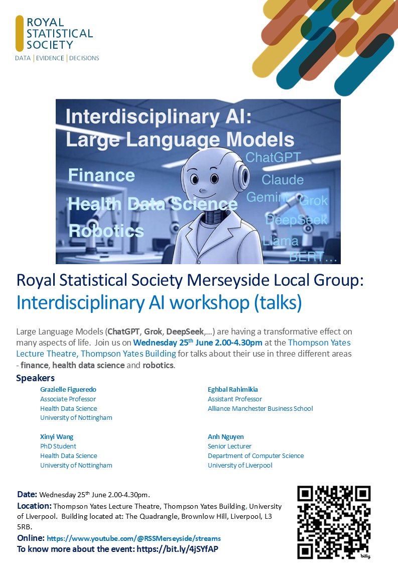 Please join us tomorrow, 25th June at 2.00-4.30pm, for our workshop: "Interdisciplinary AI: Large Language Models", a series of four talks. 

Location: Thompson Yates Lecture Theatre, University of Liverpool.

Live stream: youtube.com/@RSSMerseyside…