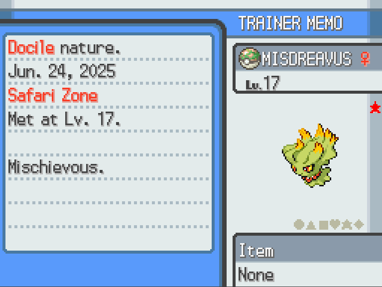 ecoin_art's tweet photo. My first shiny of #SafariWeek2025 is Misdreavus in HeartGold! She was caught :) https://t.co/BepcR4fuoV
