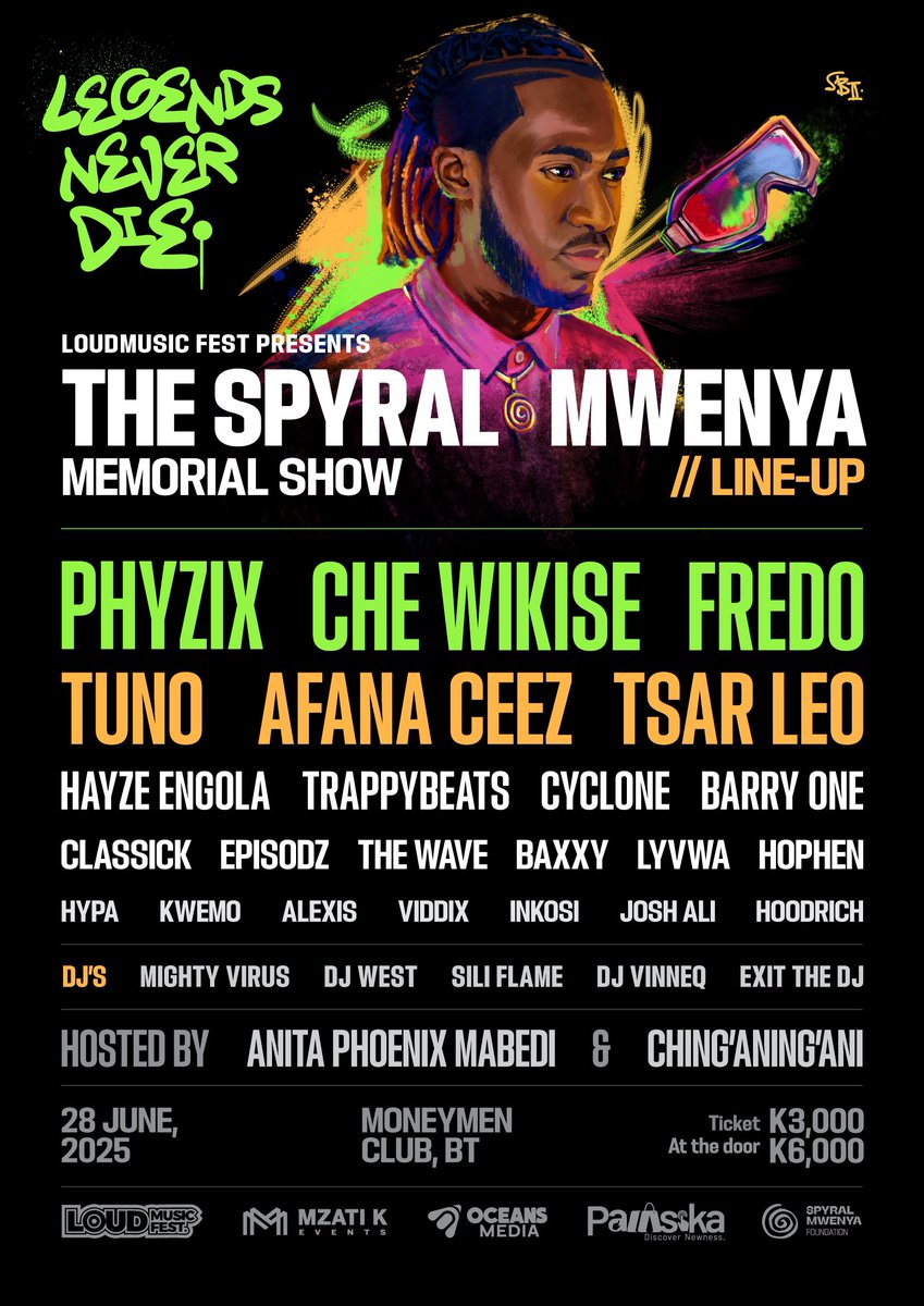SPYRAL MWENYA MEMORIAL 🕊️
Join us on Saturday, 28 June at Money Men Club, Blantyre as we come together to celebrate the life, music, and legacy of Spyral Mwenya.