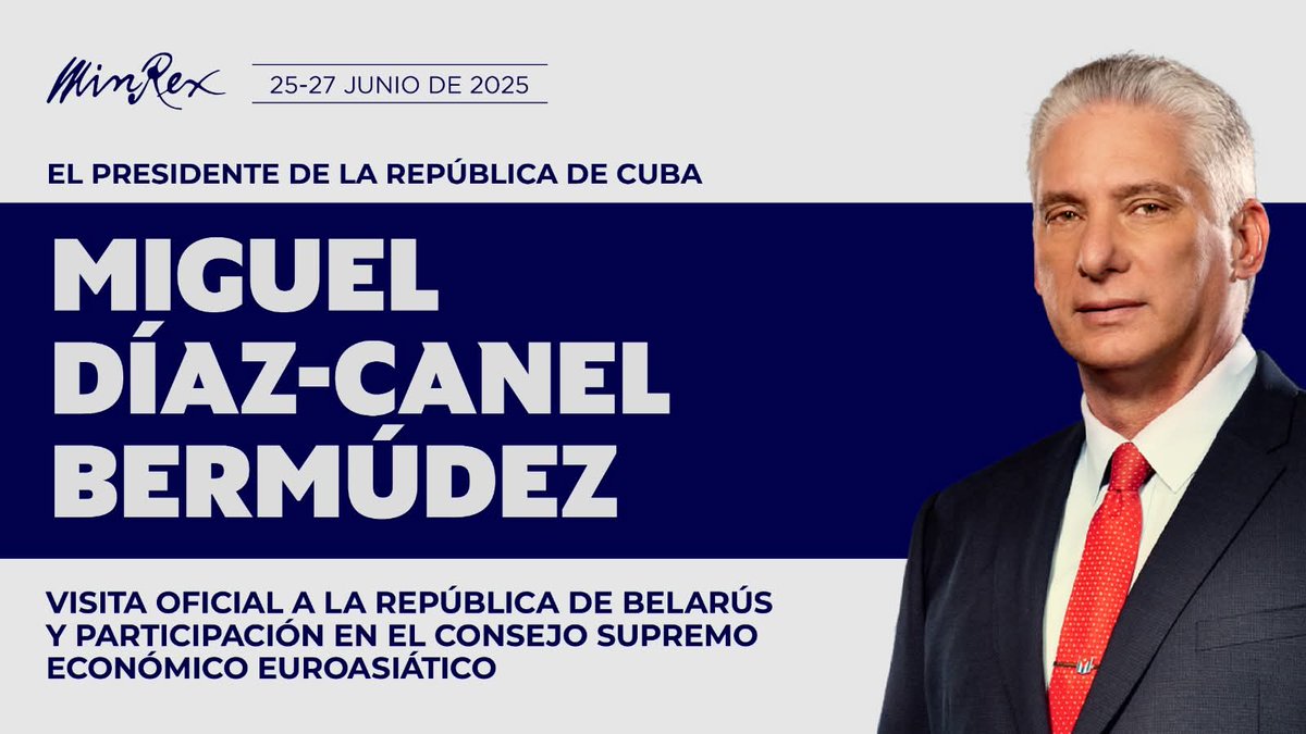 Yamilé Ramos Cordero (@yamileramoscord) on Twitter photo El presidente de #Cuba 🇨🇺, <a href="/DiazCanelB/">Miguel Díaz-Canel Bermúdez</a>, realizará visita oficial a la República de #Belarús 🇧🇾.
Participará en la reunión del Consejo Supremo Económico Euroasiático y asistirá a la Sesión Plenaria del IV Foro Económico Euroasiatico. #CubaPorLaPaz #PinardelRío El presidente de #Cuba 🇨🇺, <a href="/DiazCanelB/">Miguel Díaz-Canel Bermúdez</a>, realizará visita oficial a la República de #Belarús 🇧🇾.
Participará en la reunión del Consejo Supremo Económico Euroasiático y asistirá a la Sesión Plenaria del IV Foro Económico Euroasiatico. #CubaPorLaPaz #PinardelRío