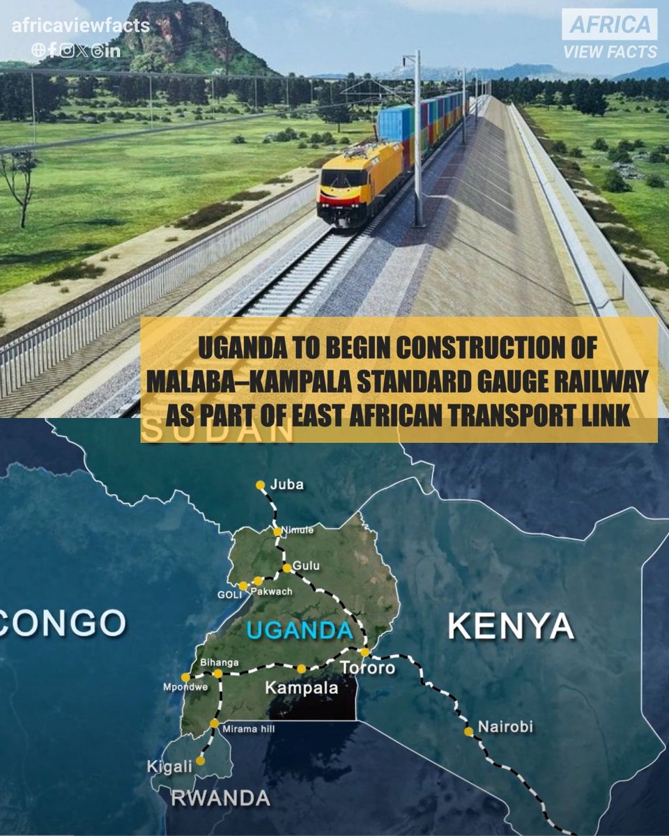 Uganda 🇺🇬 is set to begin work on its long-awaited SGR from Malaba to Kampala.

Once complete, it will cut cargo transport costs by 50% and reduce travel time.

In 2014, Uganda 🇺🇬, Kenya 🇰🇪, Rwanda 🇷🇼, and South Sudan 🇸🇸 agreed to build connected rail lines.