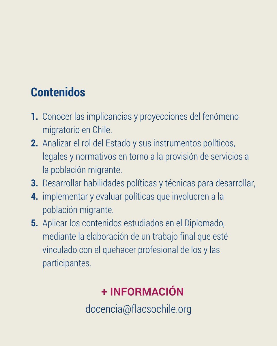 #Docencia | 🌍 ¿Quieres gestionar los desafíos migratorios con enfoque de derechos?

Súmate al Diplomado en Migraciones y Políticas Públicas de FLACSO Chile.

🗓 Inicio: 26 de agosto 2025 | 💻 100% virtual

Más información e inscripciones 👉 flacsochile.org/diplomado-migr…
