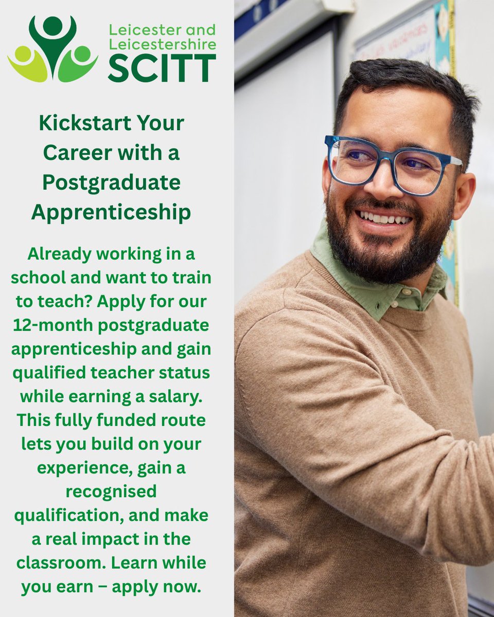 🎓 Got a degree and already working in a school?
Our 12-month Postgraduate Teaching Apprenticeship could be your perfect route into the classroom!

👉 Find out more: shorturl.at/BrlET
📝 Apply now: shorturl.at/HBZ72

#TrainToTeach #TeachingApprenticeship #SCITT