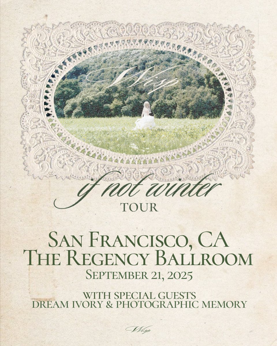 GoldenvoiceBay (@goldenvoicebay) on Twitter photo weโre paralyzed with Wisp on our minds ๐ท catch her hometown show with <a href="/dreamivorydream/">Dream, Ivory</a> and Photographic Memory at <a href="/RegencyBallroom/">The Regency Ballroom</a> on Sep. 21 ๊ฐแ โก เป๊ฑ register for presale access at laylo.com/wisp/m/ifnotwiโฆ
presale - thursday 6.26ย
on sale - friday 6.27 weโre paralyzed with Wisp on our minds ๐ท catch her hometown show with <a href="/dreamivorydream/">Dream, Ivory</a> and Photographic Memory at <a href="/RegencyBallroom/">The Regency Ballroom</a> on Sep. 21 ๊ฐแ โก เป๊ฑ register for presale access at laylo.com/wisp/m/ifnotwiโฆ
presale - thursday 6.26ย
on sale - friday 6.27