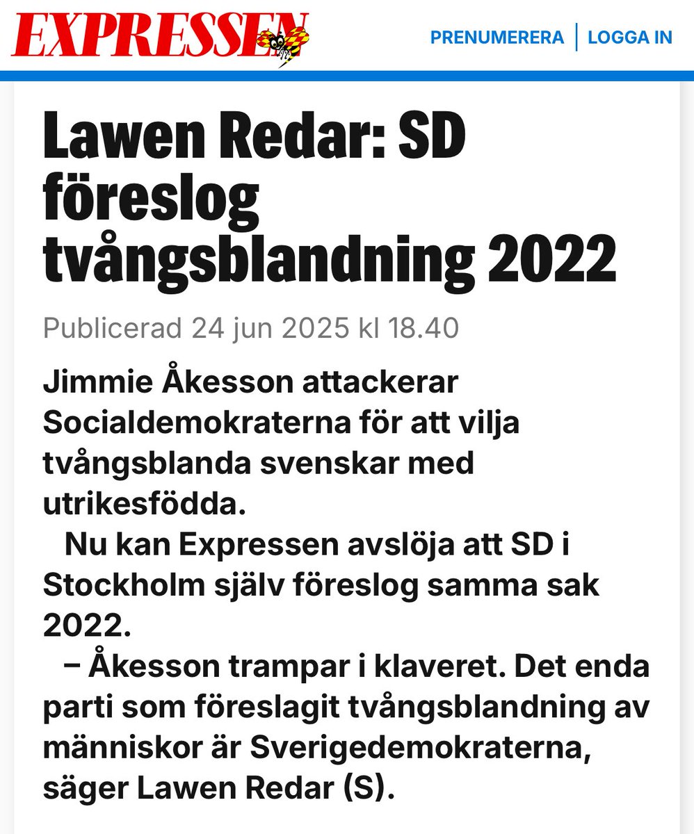 Lawen (@redarlawen) on Twitter photo <a href="/jimmieakesson/">Jimmie Åkesson</a> vill givetvis tala osanning om vår politik, men tydligen glömt vad hans egna parti öppet föreslog i valet 2022.
Det finns bara ett parti som föreslagit ”tvångsblandning” och det är SD.
Läs gärna: svt.se/nyheter/lokalt… <a href="/jimmieakesson/">Jimmie Åkesson</a> vill givetvis tala osanning om vår politik, men tydligen glömt vad hans egna parti öppet föreslog i valet 2022.
Det finns bara ett parti som föreslagit ”tvångsblandning” och det är SD.
Läs gärna: svt.se/nyheter/lokalt…