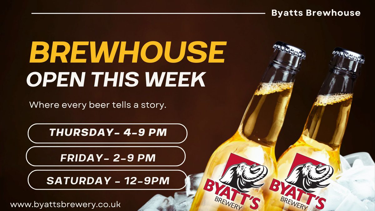 ByattsBrewery's tweet photo. Join us for a week of exciting events & deals! Thursday, we're open 4-9 PM. Friday's hours are 2-9 PM for relaxation and fun. Saturday features our special Happy Hour from 12-9 PM, with a free samosa with your first Byatts pint and Byatts pints at just ยฃ2.80 all day! #HoppyHour https://t.co/dwMccEtZGF