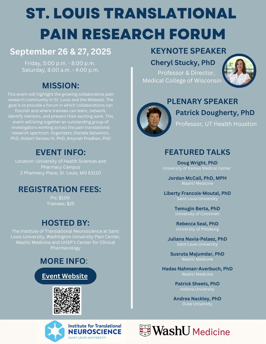 The Institute of Translational Neuroscience at SLU, in collaboration with WashU Pain Center and the Center for Clinical Pharmacology, proudly presents the 2nd St. Louis Translational Pain Research Forum (STL-TPRF)! Join us in growing the vibrant pain research community across the
