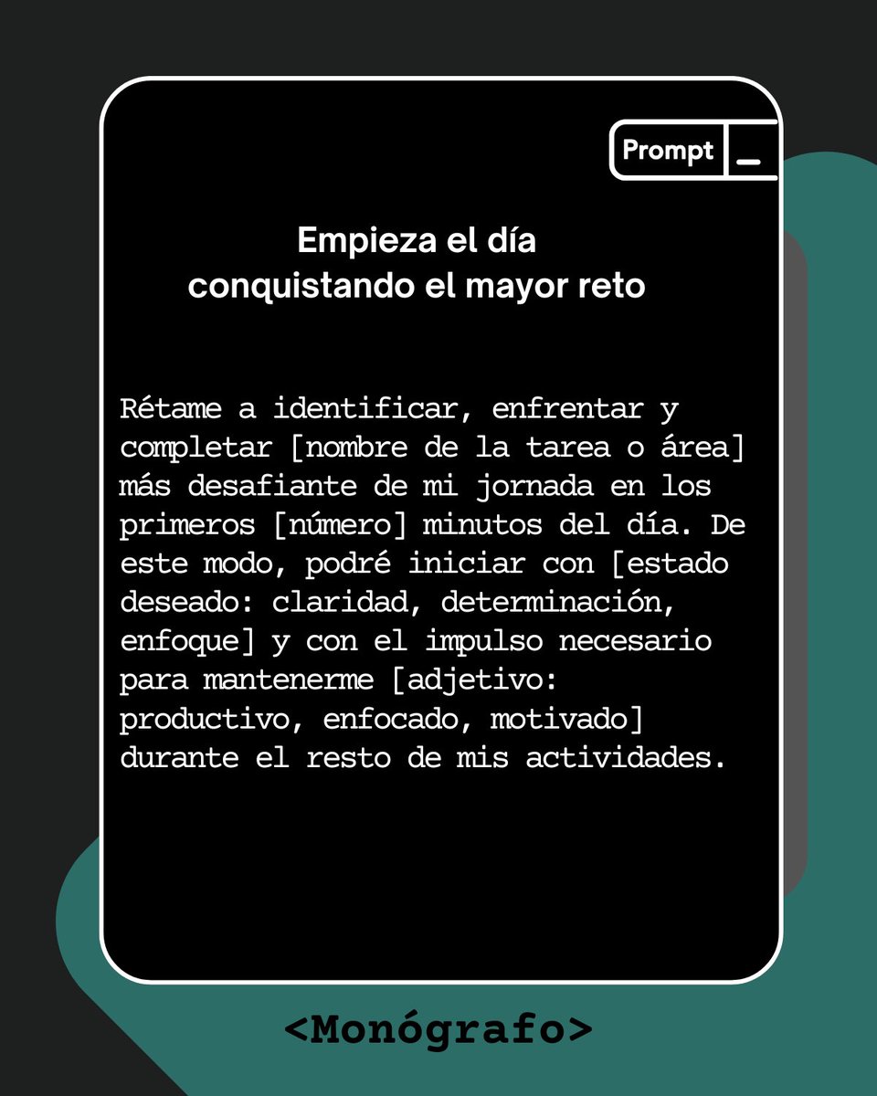 ElMonografo's tweet photo. 💻🙉

Copia y pega este prompt en ChatGPT o cualquier otro chatbot de tu preferencia:

Planifica el día resolviendo tu reto más grande primero, con tiempos y pausas
incluidas.

🐒 https://t.co/yzmgAqBkz0

#MonógrafoTech #PromptIA #Productividad #newsletter https://t.co/fB6FP0XGoU