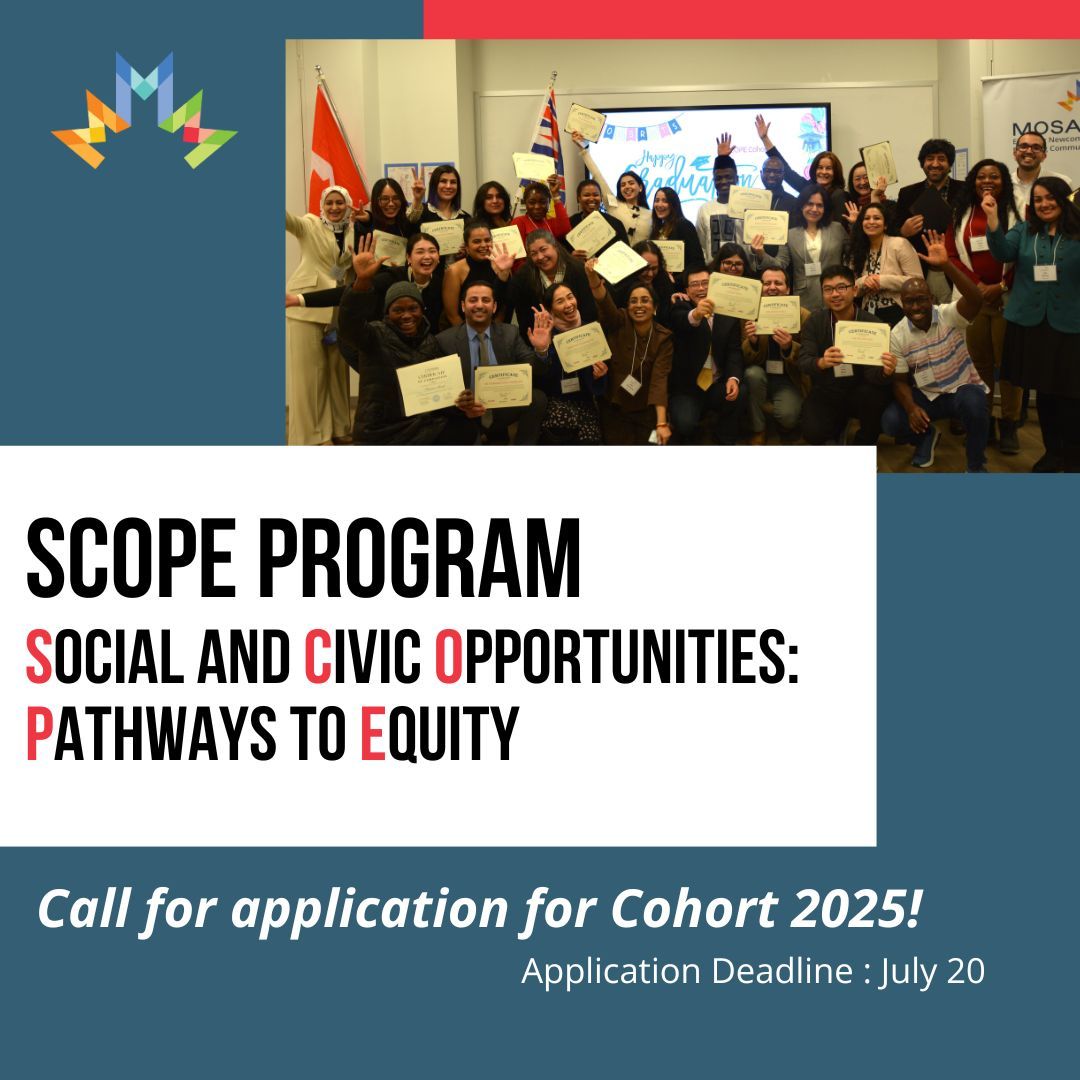 📢 Applications for the SCOPE Program are open until July 20!

Join <a href="/MOSAICBC/">MOSAIC</a>’s Social and Civic Opportunities: Pathways to Equity program to build the #skills, knowledge, and confidence to lead through #board and #committee work. 
 
Learn more &amp; apply: okt.to/jCFku4