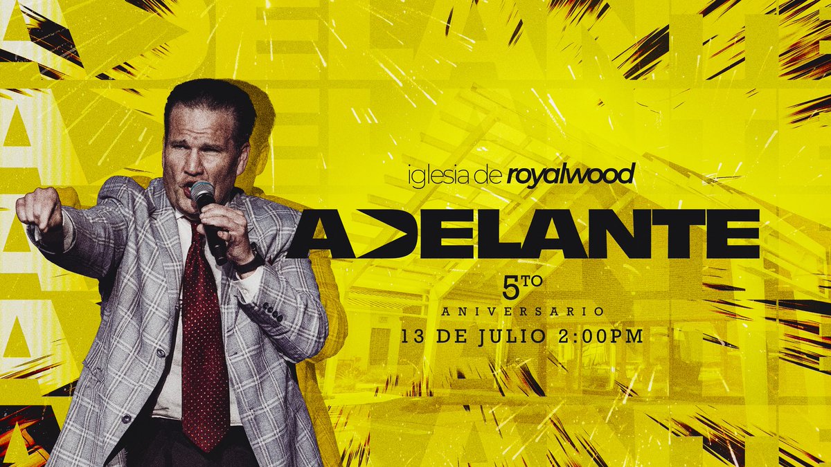 Este año celebramos nuestro quinto aniversario. 5 años de victoria, 5 años de crecimiento. Seguimos ADELANTE! 

Estaremos celebrando el Domingo 13 de Julio a las 2:00 p.m. Tendremos como invitado especial al evangelista Marcos Drost.  Les esperamos! 

Iglesiaderoyalwood.org