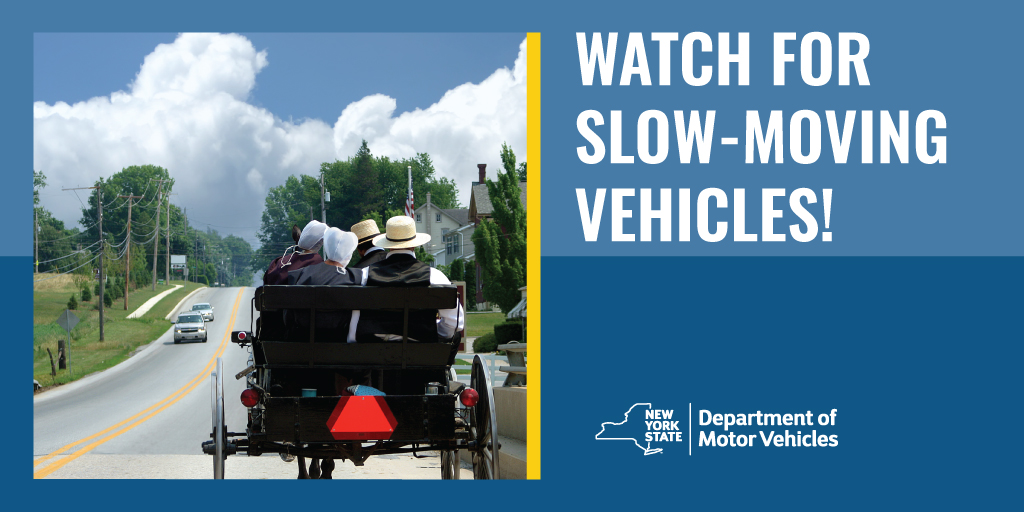 After a crash involving a horse-drawn buggy that injured an adult and two children, DMV reminds motorists to watch for slow-moving vehicles, especially during summer and early fall when they may also encounter agricultural vehicles. Learn more: trafficsafety.ny.gov/slow-moving-ve… #NYSDMV