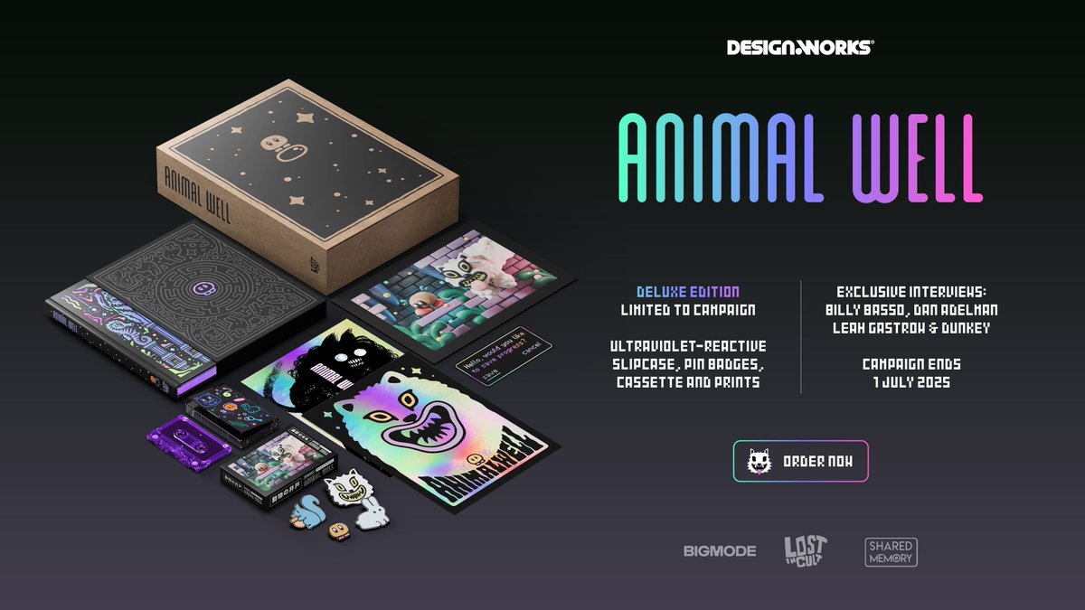 Lost In Cult (@lostincult) on Twitter photo Pre-orders for Animal Well: Design Works Deluxe Edition close next week 📣
Final chance to get our ultimate celebration of <a href="/Billy_Basso/">Billy Basso</a>'s iconic puzzler. Incl. holographic slipcase, infinite looping cassette, art prints, pin badges & more.
Ends July 1.
lostincult.co.uk/animalwell Pre-orders for Animal Well: Design Works Deluxe Edition close next week 📣
Final chance to get our ultimate celebration of <a href="/Billy_Basso/">Billy Basso</a>'s iconic puzzler. Incl. holographic slipcase, infinite looping cassette, art prints, pin badges & more.
Ends July 1.
lostincult.co.uk/animalwell