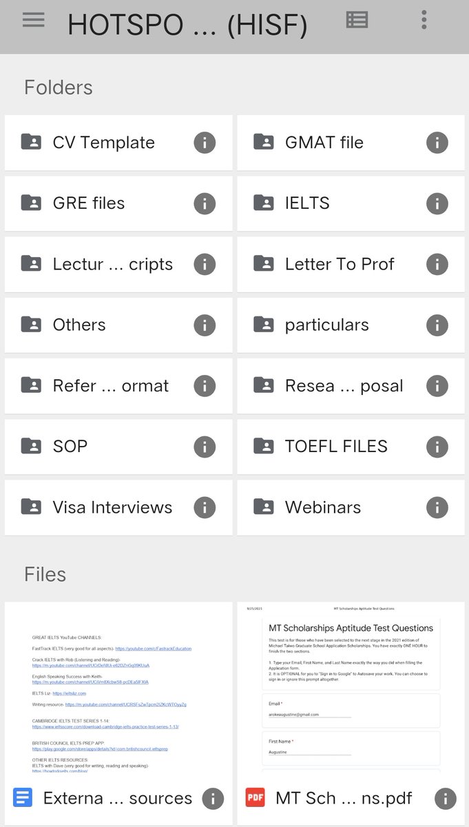 Get all these resources in one link👇

📌CV Template
📌GMAT file 
📌GRE files
📌IELTS
📌Letter to Prof
📌Reference letter format
📌Research Proposal
📌SOP
📌TOEFL resources 
📌Visa interview tips
📌And more👇

Link: drive.google.com/drive/u/0/mobi…