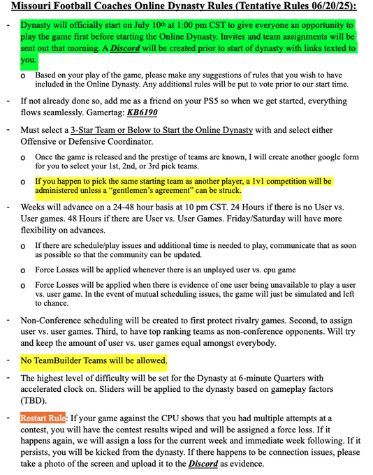 CFB 26 releases July 10th (20 days). Now that we have CROSSPLAY for Online Dynasty, will again try to gather MO HIGH SCHOOL COACHES for bragging rights on the game! Review the tentative rules and click the link below! If you're not serious, don't bother!

forms.gle/MDz4KXG2gf4rBS…