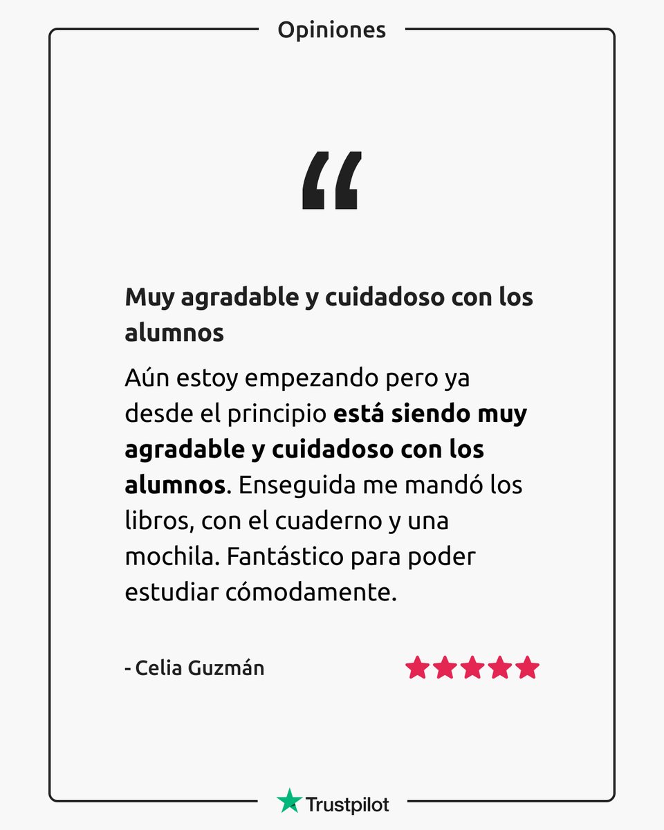 Gracias, Celia, por reconocer nuestro trato cercano y la rapidez en el envío de materiales.

¡Tu opinión nos impulsa a seguir cuidando cada detalle! 💪

#Reseña #Euroinnova #Clientes