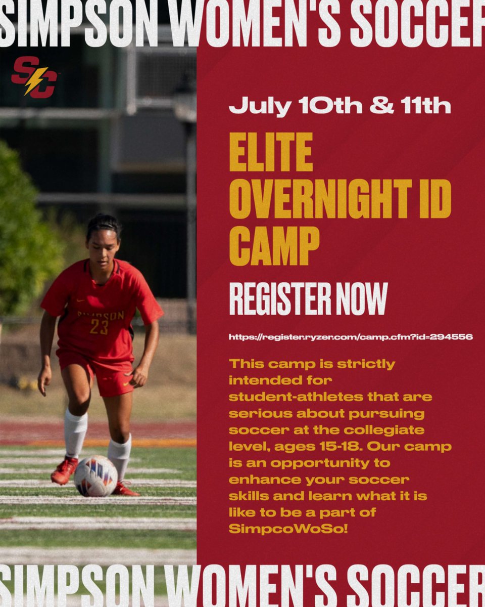 🚨 2025 Women's Elite ID Overnight Camp 🚨

Get a head start on your recruitment journey with high-level training, direct coaching from the Simpson College staff, and a real college athlete experience💪⚽️🔥

🔗 Spots are limited — don’t miss out! #RollStorm