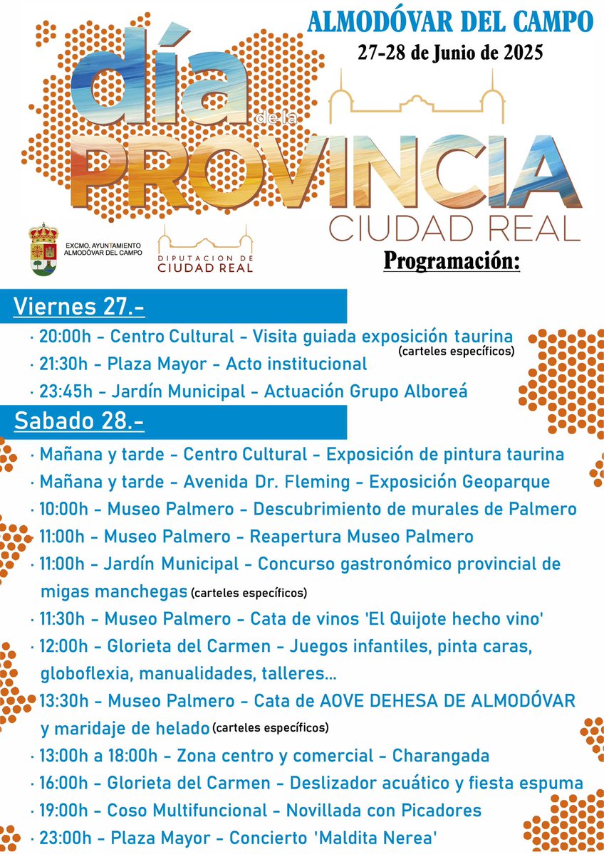 🎉Los días 27 y 28 de junio Almodóvar del Campo se convertirá en el epicentro de la celebración del Día de la Provincia.
Disfrutemos de la música, la gastronomía, los toros , de actividades culturales y mucho +
!No te pierdas la oportunidad de vivir esta fiesta!