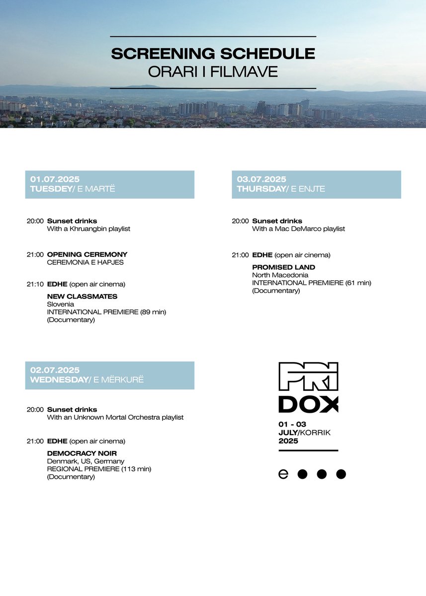 Orari i filmave të PriDox - java e filmave dokumentarë.
Nga 01-03 korrik në kinemanë nën qiellin e hapur në hapësirën EDHE me filma, muzikë dhe ushqim të mirë.
#pridox #prifest #vjosaforever #forher