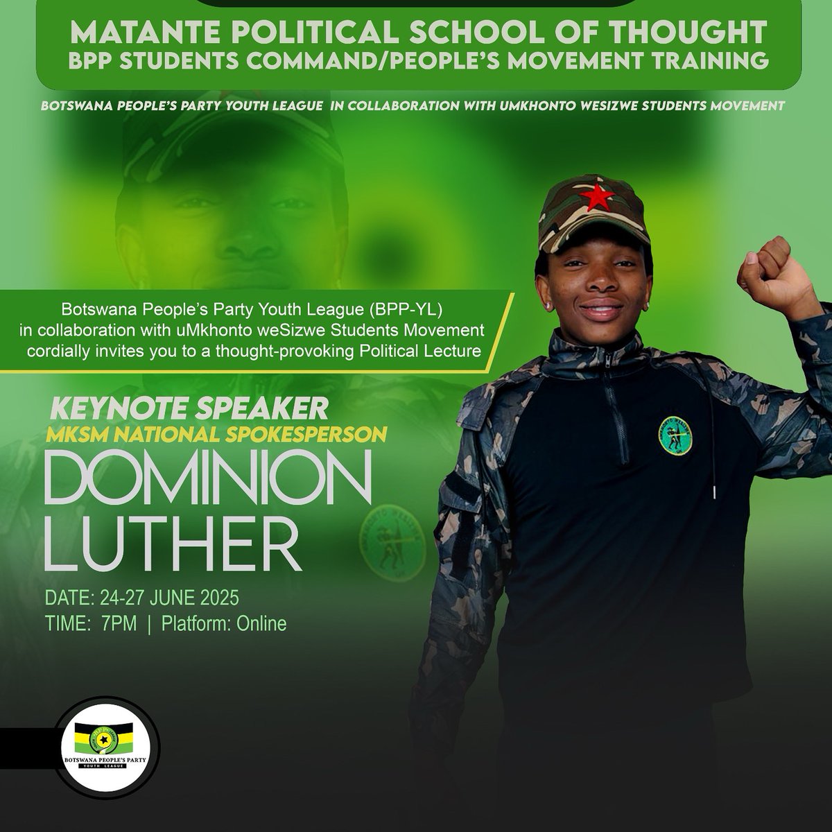 MKSM_Official's tweet image. The Botwana People’s Party hosts MKSM, Join us as we sharpen the political consciousness of young revolutionaries across borders. MKSM National Spokesperson Dominion Luther delivers the keynote at the Matante Political School of Thought.