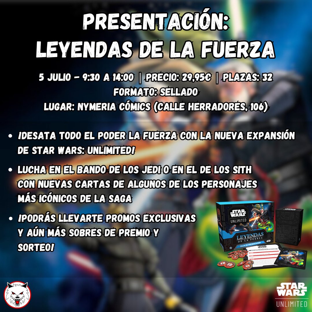 ¡La nueva expansión de Star Wars: Unlimited llega a Nymeria Cómics! ✨
📅 5 de julio | 9:30
🃏 Formato sellado
🎁 Premios, promos y mucha Fuerza
¡Inscríbete y lucha como Jedi o Sith! ⚔️

#StarWarsUnlimited #LeyendasDeLaFuerza #NymeriaComics