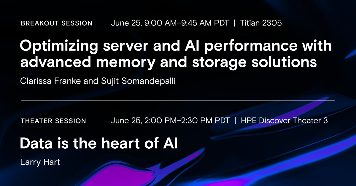 MicronTech's tweet image. 🎤 Micron is taking the stage at #HPEdiscover!
Join us tomorrow for two dynamic sessions, during which we’ll explore how advanced memory and storage solutions are accelerating the future of #AI.
🎁 Bonus: We’ll be hosting a raffle giveaway exclusively for session attendees.…