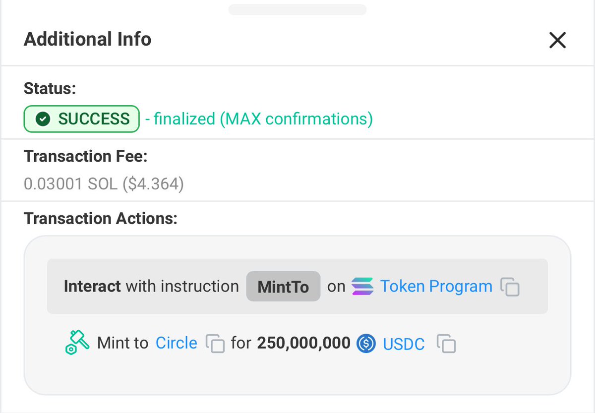 🚨JUST IN: @Circle mints ~250 million $USDC on @Solana.