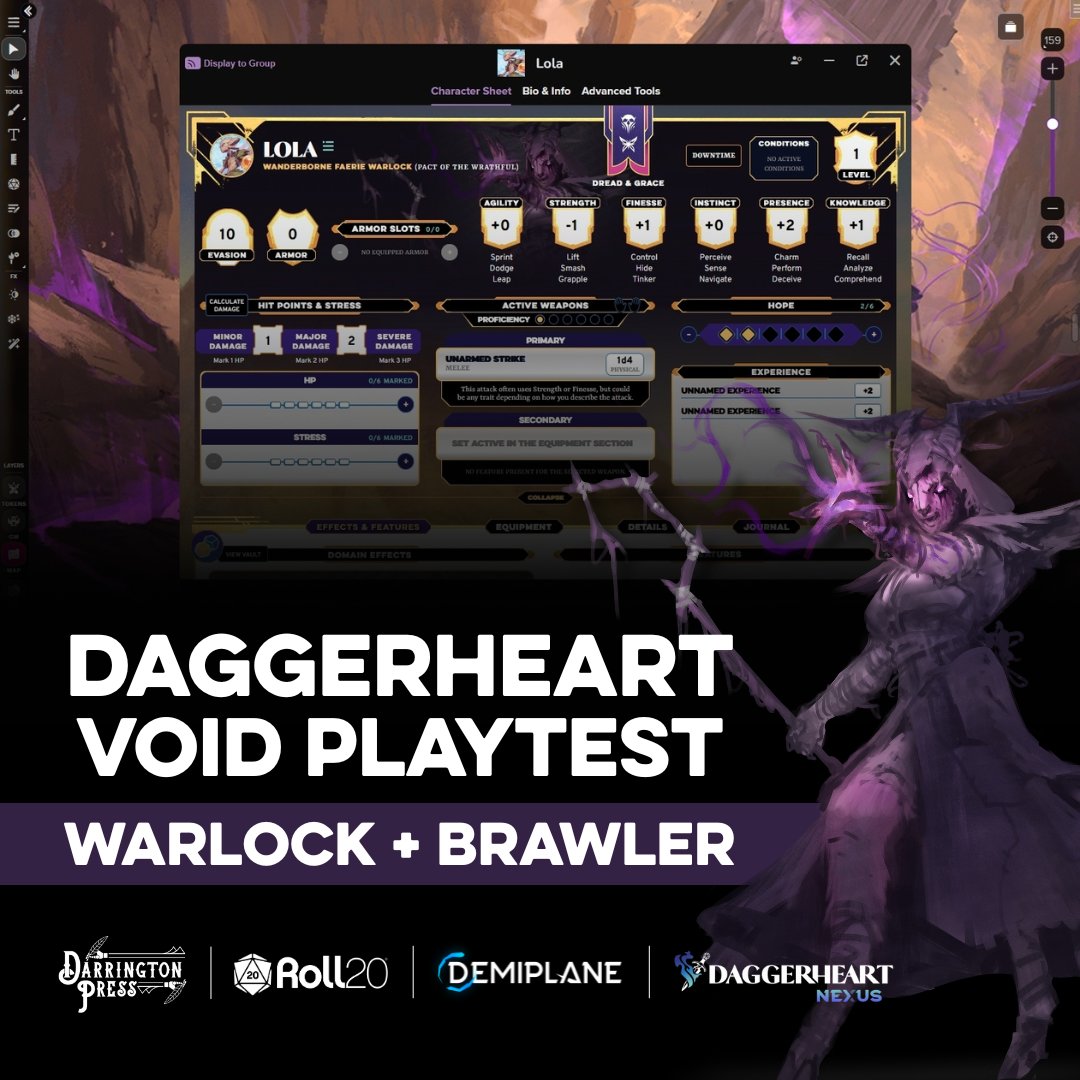 Roll20 (@roll20app) on Twitter photo The Daggerheart Void Playtest lands on Roll20! 🗡️❤️🔥
Two NEW classes are now available in the VTT: the Warlock and Brawler.
Help shape the game's future. <a href="/DarringtonPress/">Darrington Press</a> wants to hear from you!
Jump into any #Daggerheart game on Roll20 to try it out now. The Daggerheart Void Playtest lands on Roll20! 🗡️❤️🔥
Two NEW classes are now available in the VTT: the Warlock and Brawler.
Help shape the game's future. <a href="/DarringtonPress/">Darrington Press</a> wants to hear from you!
Jump into any #Daggerheart game on Roll20 to try it out now.