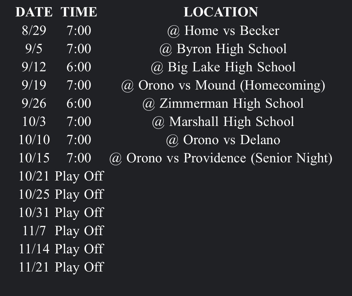 mclean_wes76's tweet image. Season schedule @Footballorono, can’t wait to start the season
@OronoCoach_Joe @PrepRedzoneMN @NWahlScouting @OJW_Scouting