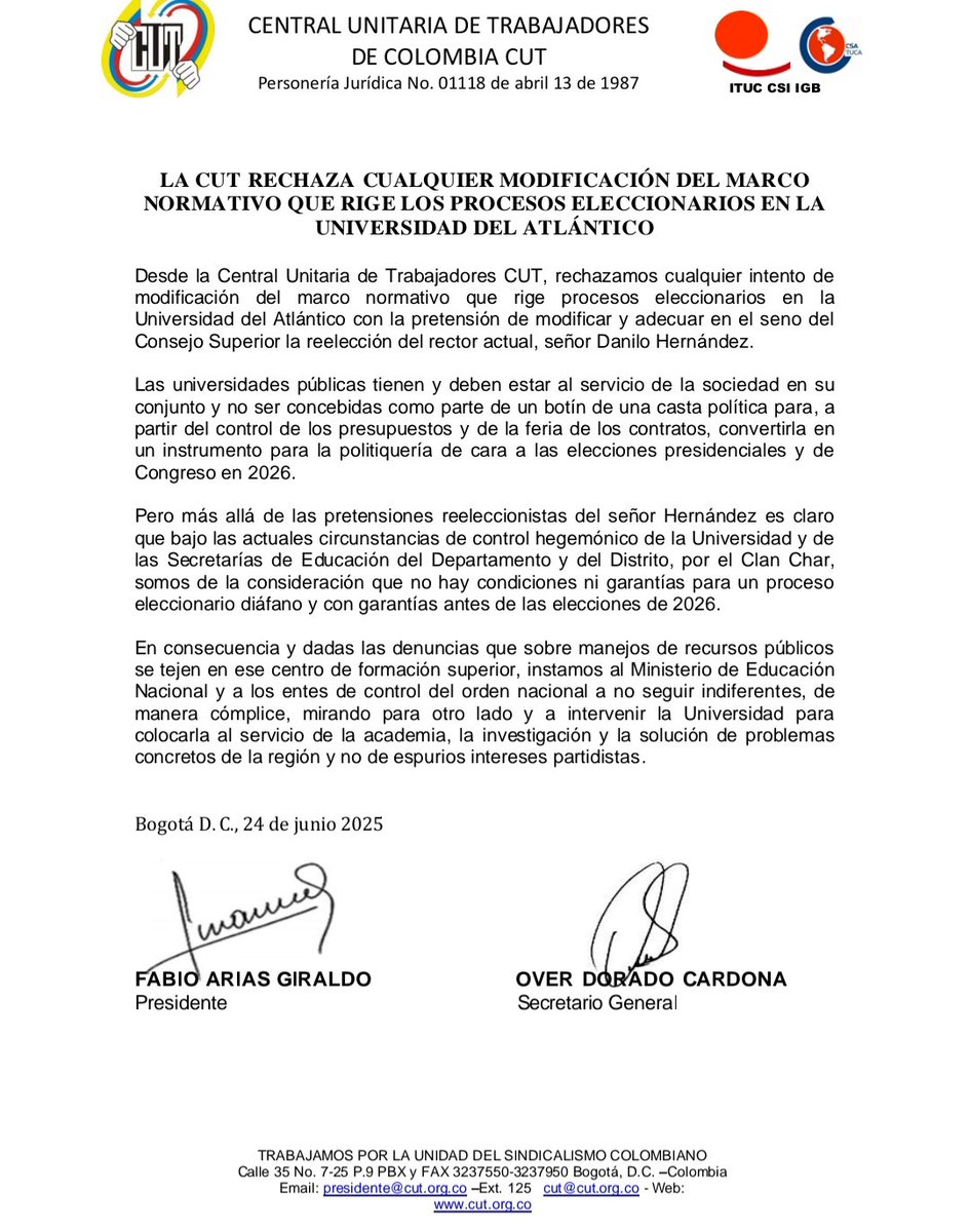 OrtizSAlberto's tweet photo. La @udeatlantico debe volver a ser patrimonio de toda una región para la docencia, la investigación y la extensión y no botín burocrático de políticos @petrogustavo @Mineducacion @DanielRMed @cutcolombia @fecode @ASPU_Colombia #NoReelecciónCharista
#IntervenciónUniatlánticoYA https://t.co/PDpGs2m9cB