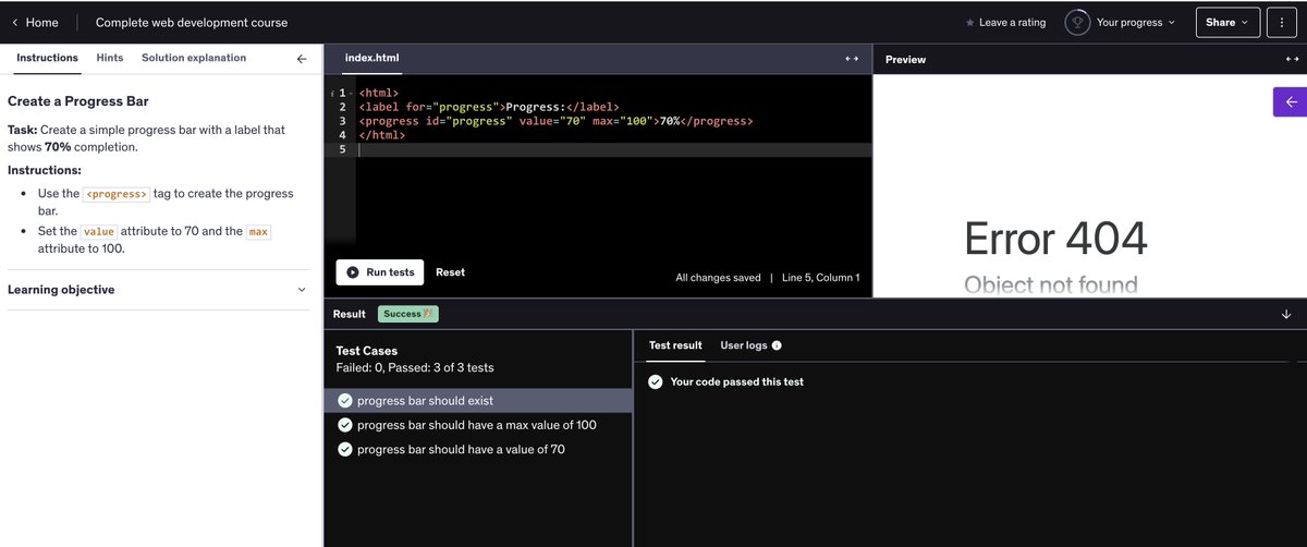DeveloperRohit's tweet photo. @Hiteshdotcom bro wanted to call out this, it may look silly but test case is failing xD 

Instructions:
- Use the <progress> tag to create the progress bar.
- Set the value attribute to 70 and the max attribute to 100.

May be adding about Id &amp; name would be better. https://t.co/bXBuQ02NHy