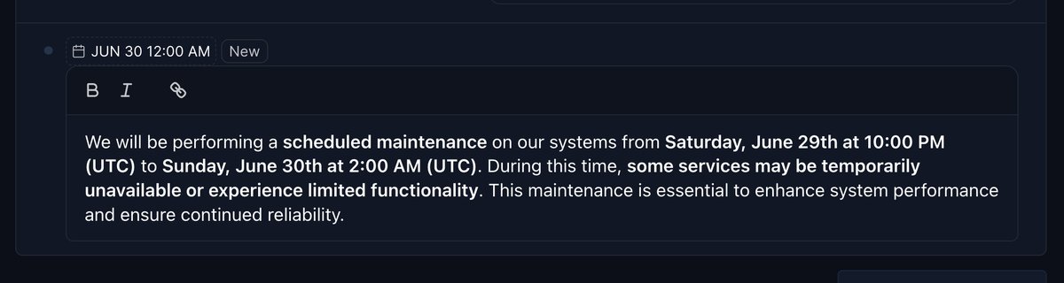 Drastically improved the maintenance window feature:

You can now configure and send maintenance notifications (email, Slack, Teams) to your status page subscribers:
- Do not send  - Keep it internal, no alerts sent, but shown on the status page
- Send immediately when scheduled