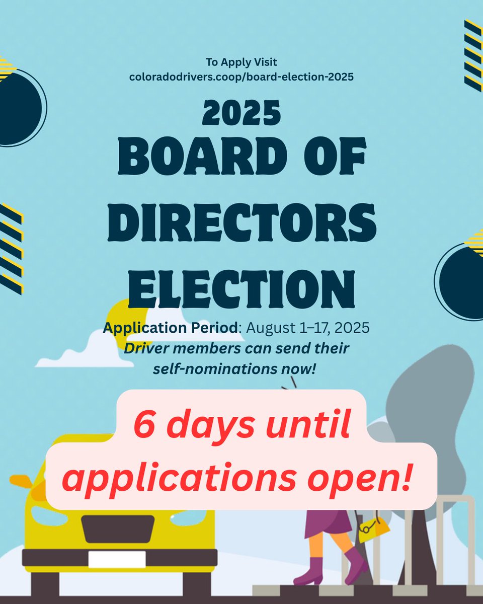 📣 Reminder: Board applications open in 6 days!
Driver-owners, now’s your chance to lead the co-op.
🗓️ Apply Aug 1–17
🗳️ 6 seats by region
🔗 f.mtr.cool/sbxbpjvabd

#DriverCoop #ColoradoDrivers #DCC2025Election #CoopLeadership