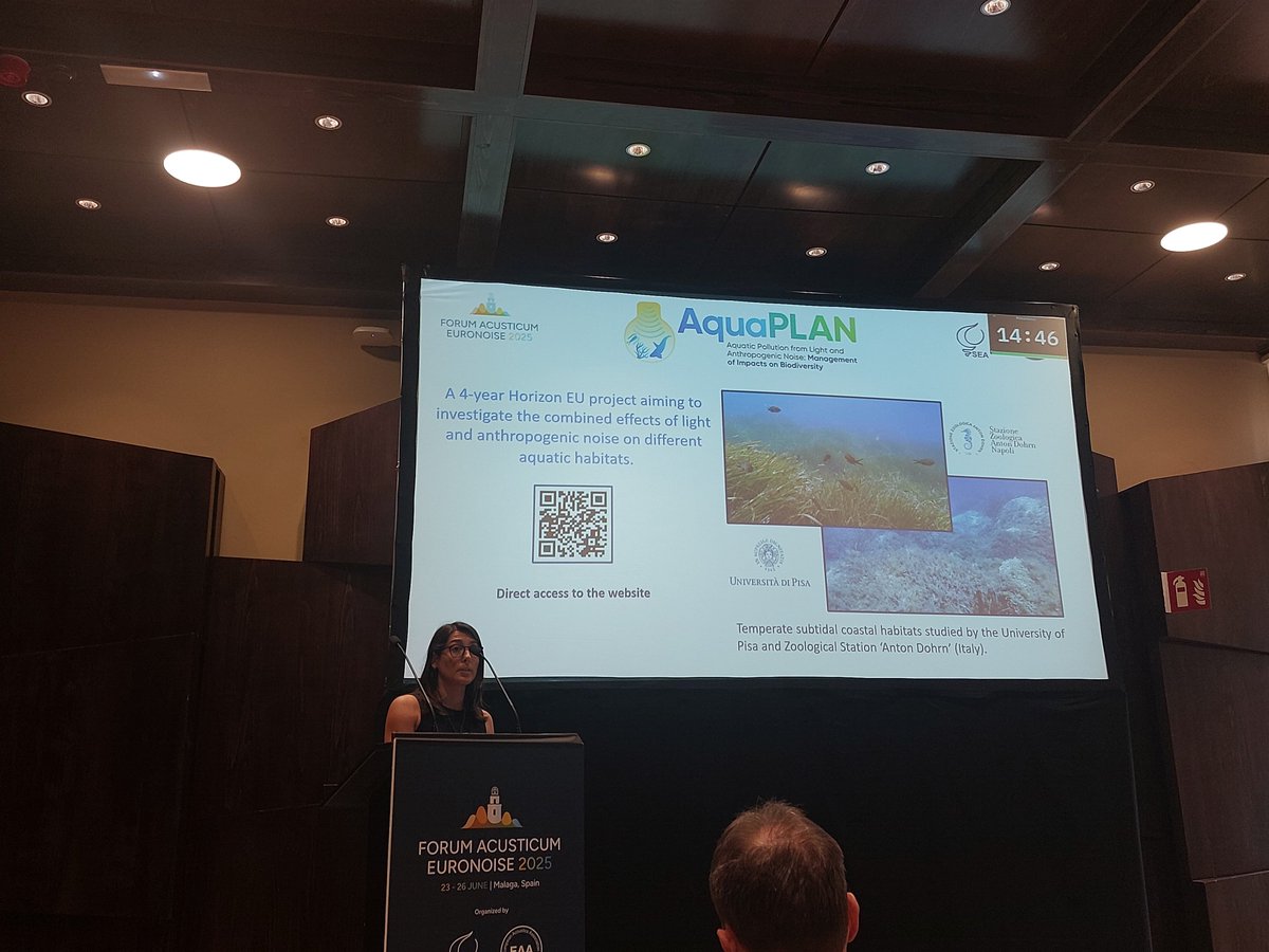 AquaPLAN_EU's tweet photo. Also at @FAeuronoise2025!

🔊👉@Dip_Bio_Unipi - @S88Marty presented @AquaPLAN_EU research: Low-frequency continuous noise within the Posidonia oceanica key coastal ecosystem: Preliminary results from the north-western Mediterranean

#UnderwaterNoise #FAE2025 #Euronoise https://t.co/6XFDmQegBk