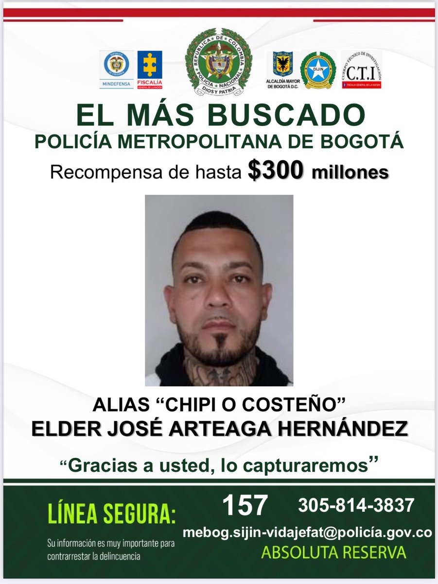 Atentos este tipo es el mas buscado en Colombia, es el determinador y el  enlace para llegar al autor intelectual del atentado a Miguel Uribe. Alias  Chipi o Costeño. 300 millones de