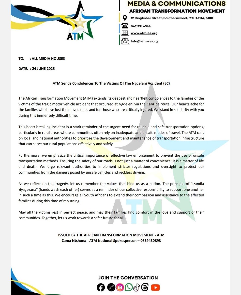 ATM Sends Condolences To The Victims Of The Ngqeleni Accident (EC)