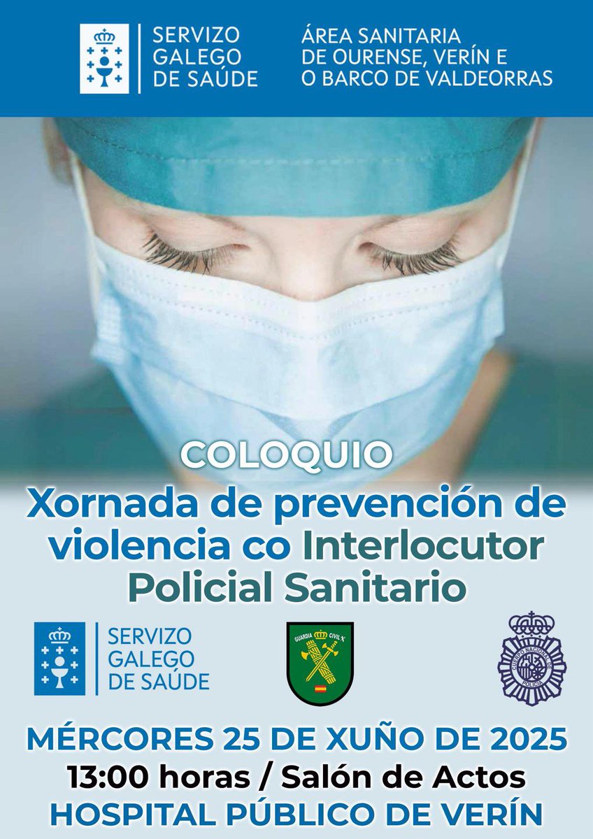 Sergas Ourense (@sergas_ourense) on Twitter photo O Hospital Público de Verín acolle mañá, ás 13.00 h 🕐 no salón de actos, a xornada sobre “Prevención da violencia co Interlocutor Policial Sanitario”👮♂️🩺 no marco da estratexia de <a href="/SanidadeXunta/">Consellería de Sanidade</a> para mellorar a resposta institucional fronte ás agresións a profesionais sanitarios O Hospital Público de Verín acolle mañá, ás 13.00 h 🕐 no salón de actos, a xornada sobre “Prevención da violencia co Interlocutor Policial Sanitario”👮♂️🩺 no marco da estratexia de <a href="/SanidadeXunta/">Consellería de Sanidade</a> para mellorar a resposta institucional fronte ás agresións a profesionais sanitarios