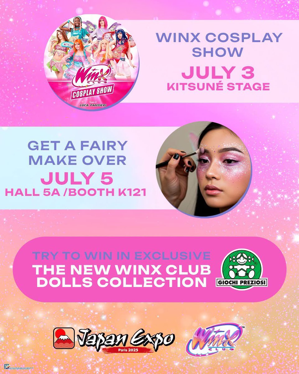 Nouvelles infos :

✨ Le Winx Cosplay Show + Rencontre de cosplayers
📍Scène Kitsuné – jeudi 3 juillet, de 14h45 à 15h

✨ Fairy Makeover Experience
📍 Hall 5A Stand K121 - samedi 5 juillet, de 11h à 16h

#WinxClub #JapanExpo